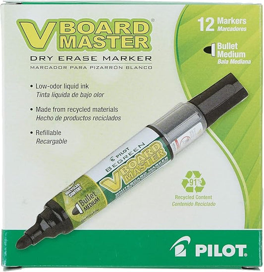 PILOT V Board Master BeGreen Refillable Dry-Erase Markers, Bullet Tip, Black Ink, 12 Count