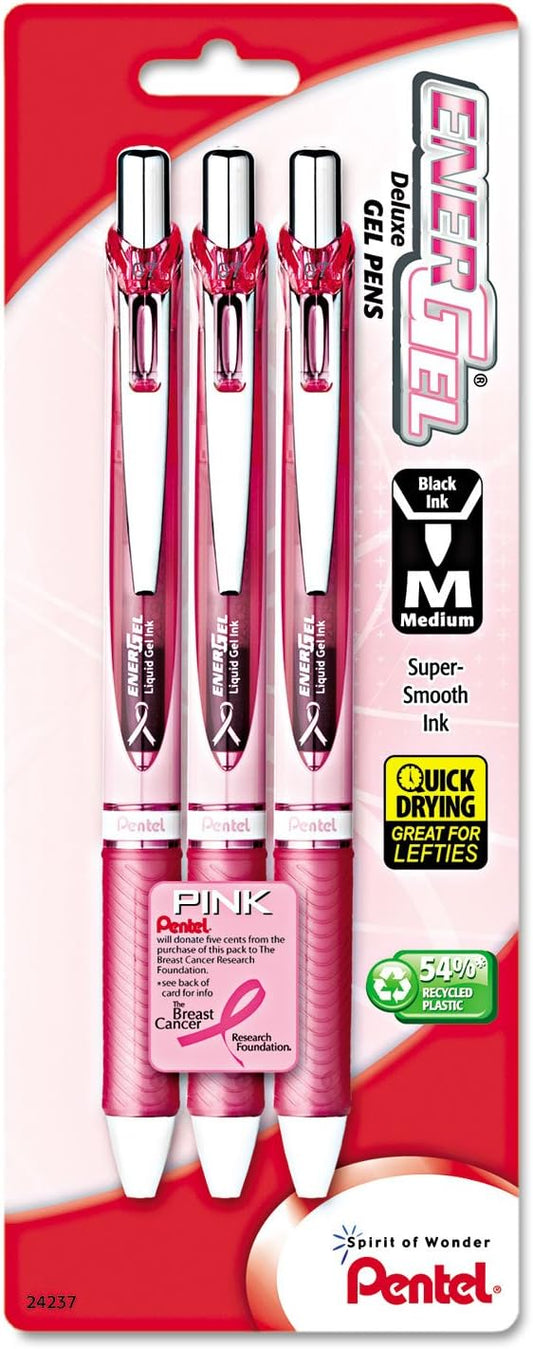 Pentel BL77PBP3ABC EnerGel RTX Retractable Liquid Gel Pen, .7mm, Pink Barrel, Black Ink. 3/Pack