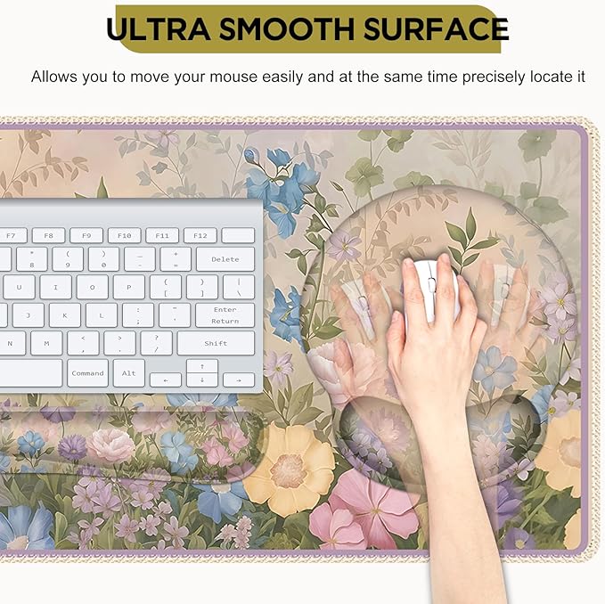 AIMSA Large Gaming Mouse Pad, Keyboard Wrist Rest Pad, Wrist Support Mousepad Set, Extended Desk Pad Ergonomic Desk Mat for Home Office, Beautiful Flowers
