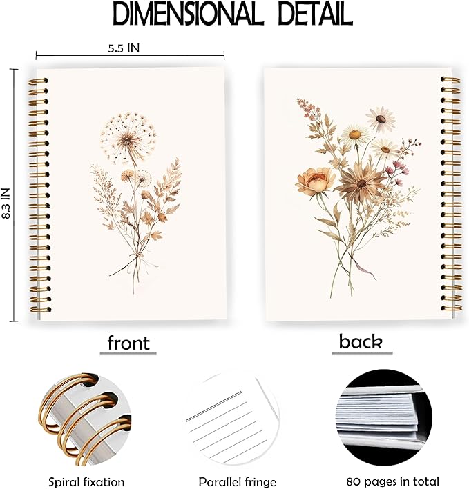 JWVK Boho Floral Spiral Notebook, Rustic Neutral Flower Herbs Notebooks for Note Taking, Cottagecore Wildflower Botanical Journal for Women, Boho Office Supplies, 5.5x8.3 Inch