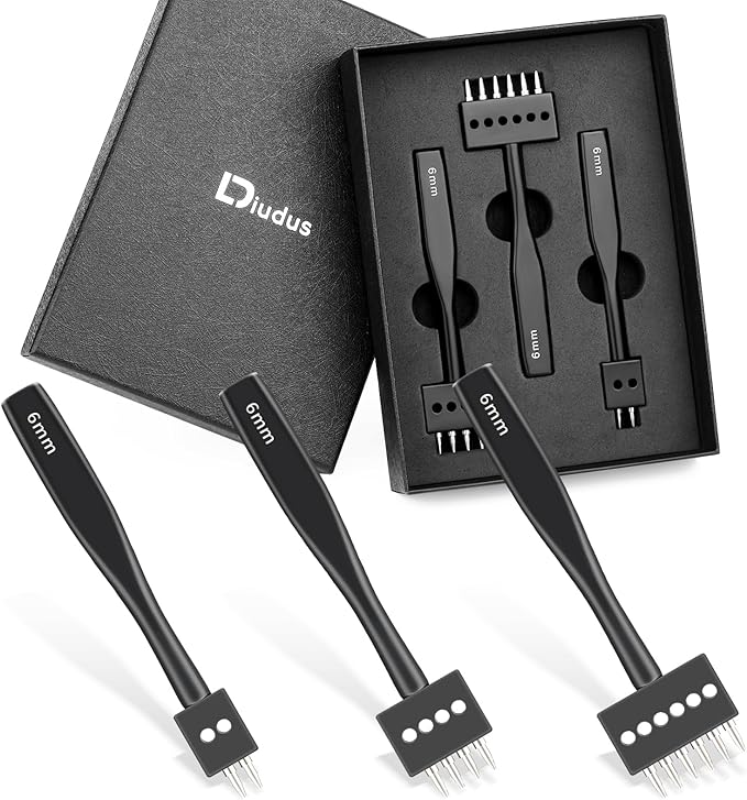 Leather Hole Punch, Prong Punch Tool 6mm 2/4/6 Lacing Stitching Punch, Round Hole Prong Stitching Chisel Set Leatherworking Tools for Leathercraft