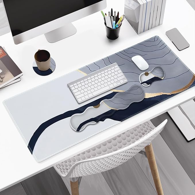 Gaming Mouse Pad Keyboard Wrist Support, 4 in1 Mousepad with Wrist Keyboard Rest, Computer Desk Mat, Non-Slip Desk Pad with Memory Foam Easy Typing Pain Relief I Grey Abstract Moon Mountain