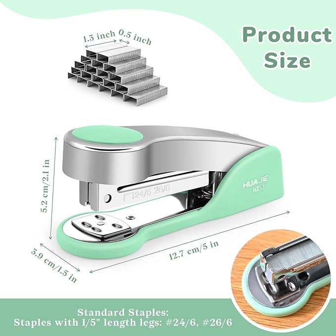 Temiary Metal Desktop Stapler with 2000 Staples Standard, 25 Sheet Capacity, Jam Free, Reduced Effort, for Desk Classroom Office Supplies (Green)