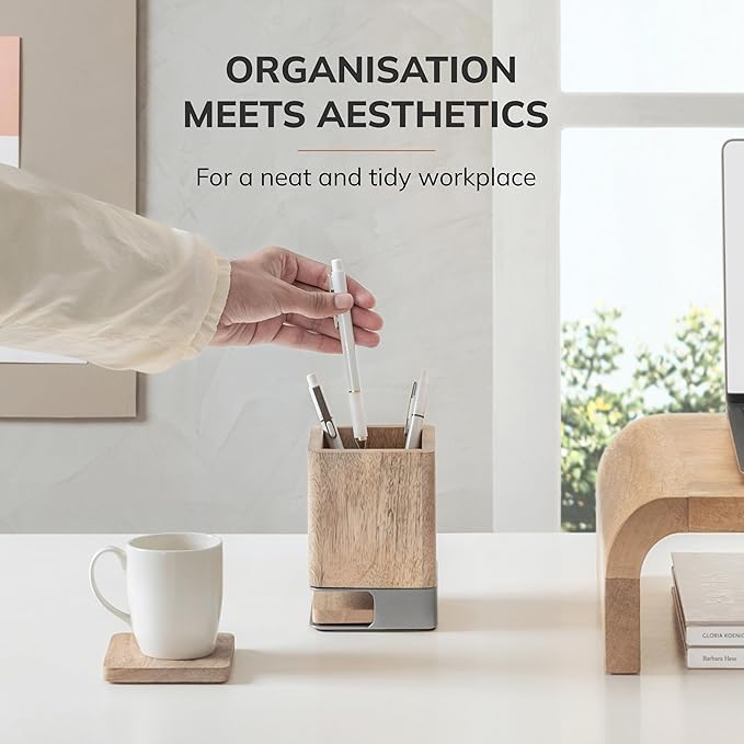 Anji Mountain Mango Wood Pen Holder with 2 Coasters, Stained Wood & Powder Coated Metal Pen Holder, Sustainable Room Decor Desk Organizer, Stylish Designer Pencil Case for Office Supplies