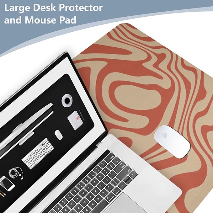Mouse Pad Desk Mat Leather Desk Pad Large Gaming Desk Cover Protector Mat for Keyboard Computer Laptop Office Waterproof 35.4 x 16.5 Inch Wavy Red and Beige