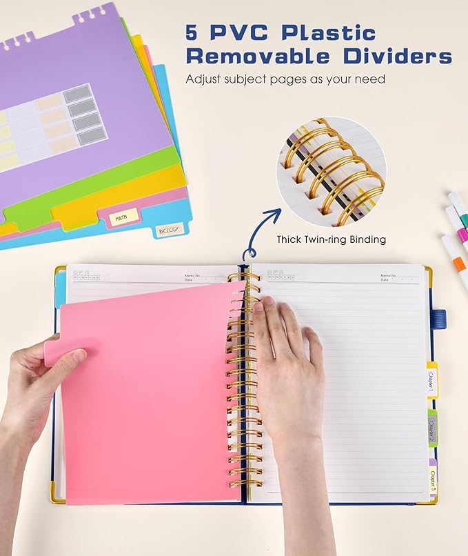 Hardcover Spiral Notebook journal with Removable Dividers Tabs, 300 Pages Leather 5 Subject Notebook College Ruled, 100GMS A5 Notebooks for Work School Note taking,Lined Journal for Women,A5 Navy