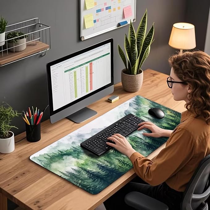 Misty Forest Mountain Large Gaming Mouse Pad 31.5"x15.7"｜XXL Desk Mat, Non-Slip Rubber Base & Stitched Edges - Extended Waterproof Mousepad for PC/Laptop/Office/Home Decor