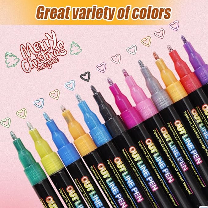 Marker Pen for Highlight, 2025 New Metallic Border Self Outline Pens, Children Art Creation Double Line Outline Markers, Festival Party Supplies Convenient for Posters, Painting Creations (24 color)