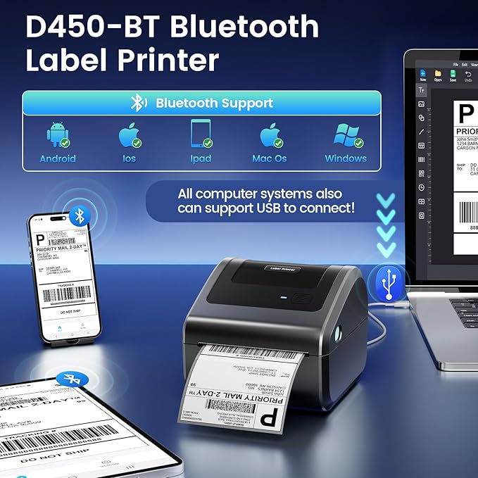 Bluetooth Shipping Label Printer 4x6 - D450BT Thermal Label Printer for Shipping Packages, Small Business, Home, Office, Compatible with Amazon, Ebay, Tiktok, Etsy, USPS