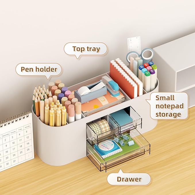 Marbrasse Desk Organizer Pen Holder for Desk with 3 Drawers, Multi-Functional Pencil Holder, Desk Organizers and Accessories with 7 Compartments for Home, School, Classroom(Grey)