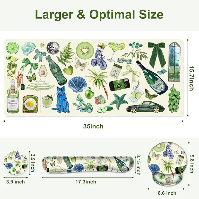 Mouse Pad, 4 in1 Large Desk Mat, Desk Pad Matt for Desktop, Anti-Slip XXL Big Computer Ergonomic Mousepad with Wrist Support for Keyboard and Mouse for Women I Green Theme Stickers