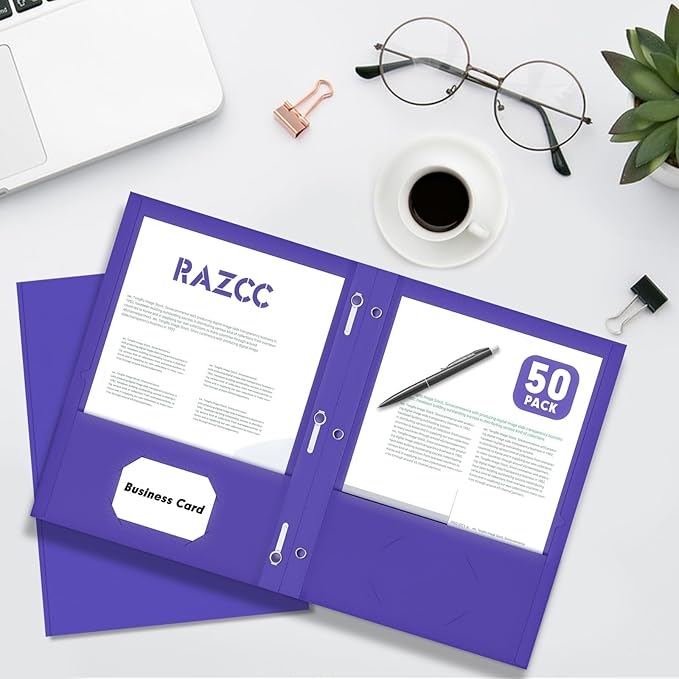 Two Pocket Folders, RAZCC 75 Pack Two Pocket Folders with Prongs, 3 Prong Folders Fit Letter Size Paper, Pocket File Folders for School Office Home Business, Purple
