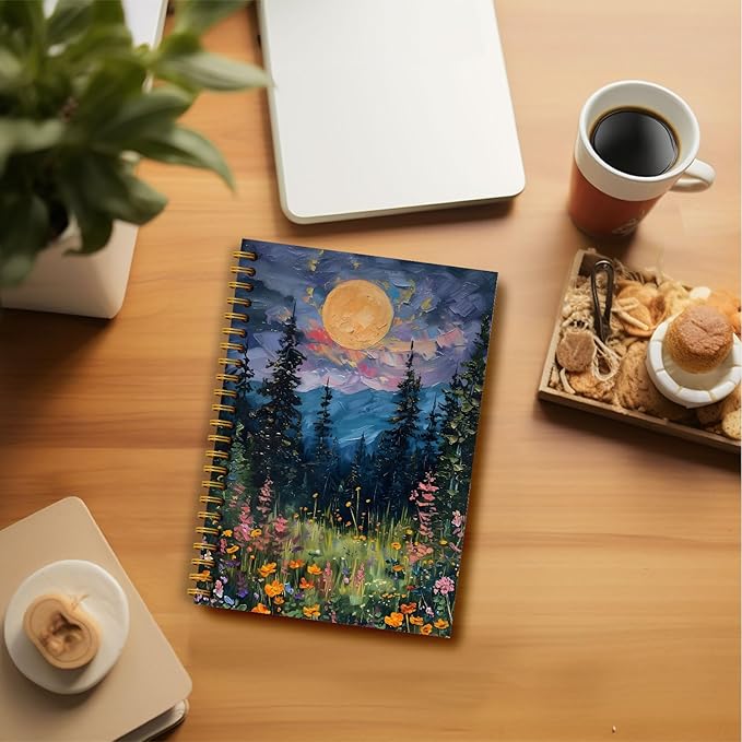 Moon Journal Notebook, Mystical Midnight Full Moon Wildflowers Floral Notebook Journal, Aesthetic Notebook, Journal Notebooks for Note Taking, Spiral Notebook 5.5x8.3 Inch