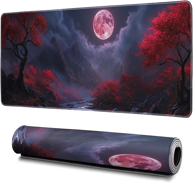 Darkness Red Moon Mouse Pad Abstract Red Mouse Pad 31.5x11.8 Inch Texture Non-Slip Rubber Base Large Mousepad Stitched Edges Keyboard Mouse Mat Desk Pad for Office and Home (Darkness 2)