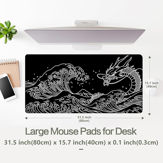 Dragon Mouse Pad Desk Mat Japanese Sea Wave Large Gaming Mouse Pad Anime Desk Pad Mousepad XXL Extended Keyboard Mat Black Mouse Mat, Waterproof, 31.5x15.7 in