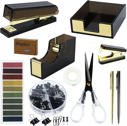 Buqoo Black Acrylic Sticky Notes Holder Stapler and Tape Dispenser Cutter with Staple Remover, Scissor, Ballpoint Pen, Sticky Notes, Paper Clips Set for School Home N Office Supplies