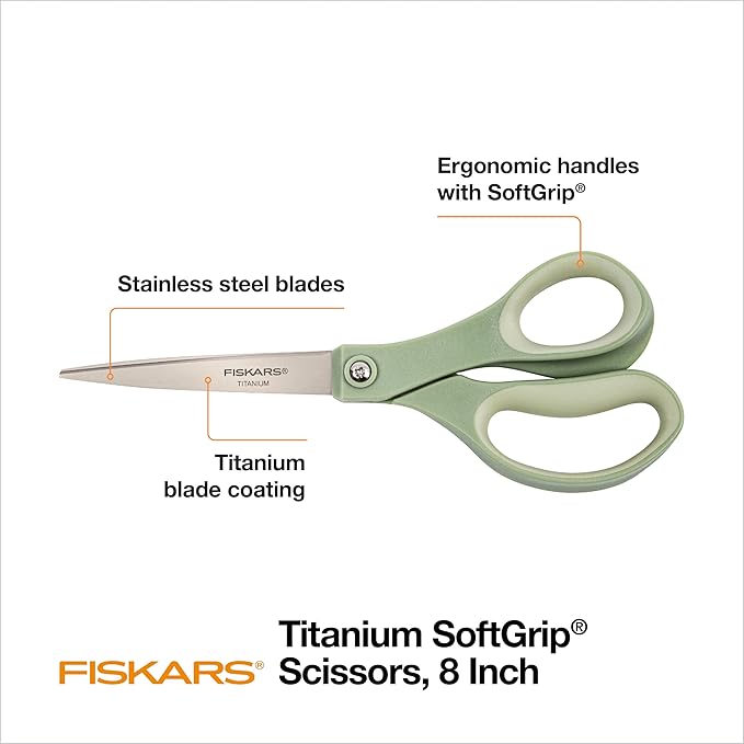 Fiskars SoftGrip Titanium Scissors - Contoured Performance All Purpose - 8" Titanium - Straight Paper Scissors for Office, and Arts and Crafts - 3-Count