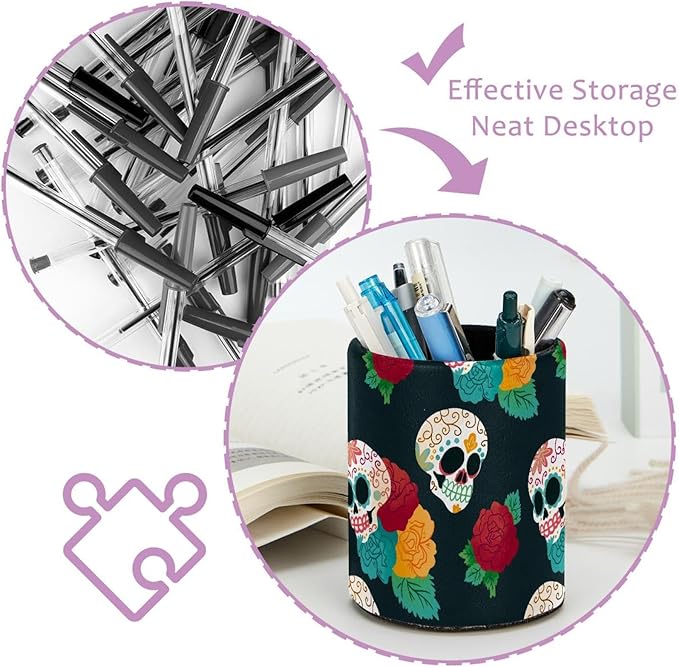 Watercolor Pattern Skull and Flowers Pen Holder Cup for Desk, Pencil Cup Holder for Desk Office Pen Organizer