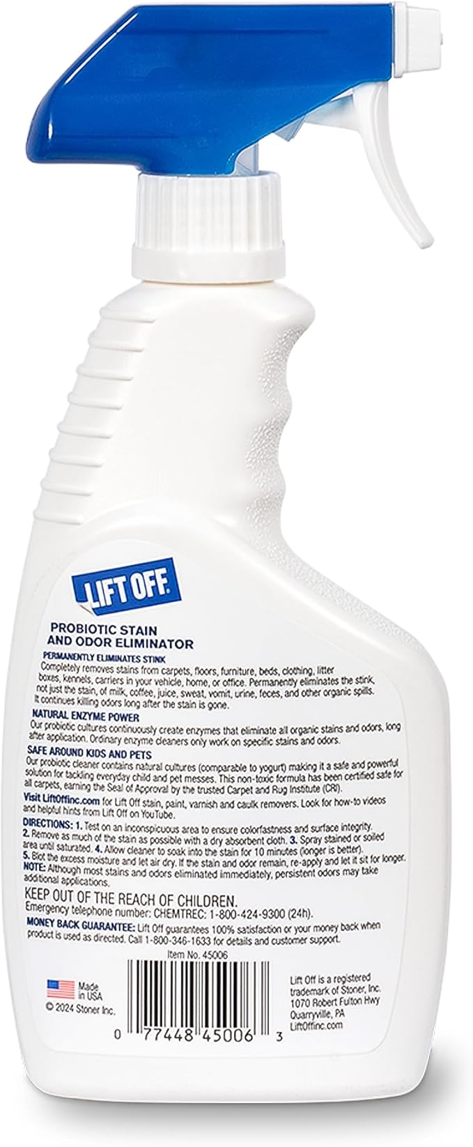 Lift Off 45006 Probiotic Stain and Odor Eliminator Spray – Powerful Natural Enzyme Carpet Cleaner and Pet Odor Eliminator for Urine, Upholstery, and Hard Floors, Safe Around Kids and Pets – 16 Fl Oz