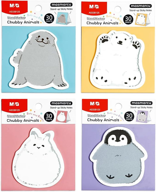 M&G Chubby Animal Sticky Notes, 4 Pads 120 Sheets, 3 x 2 Inch Cute Cartoon Memo Pads, Foldable Stand Self-Stick Notes for School Office Home