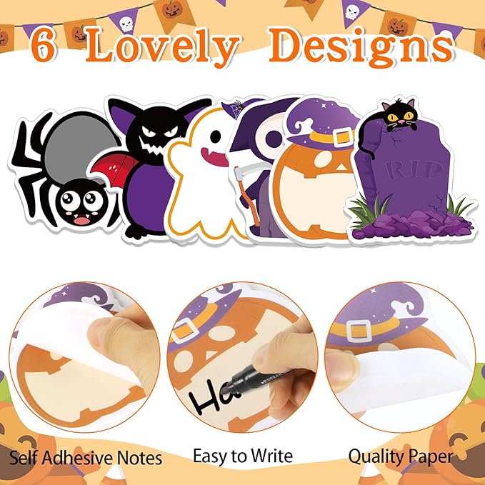 600Pcs Halloween Sticky Notes, Self-Adhesive Halloween Note Pads Spider Pumpkin Ghost Memo Pads Removable Halloween Memo Notes for Halloween School Office Home Students Teachers Favors