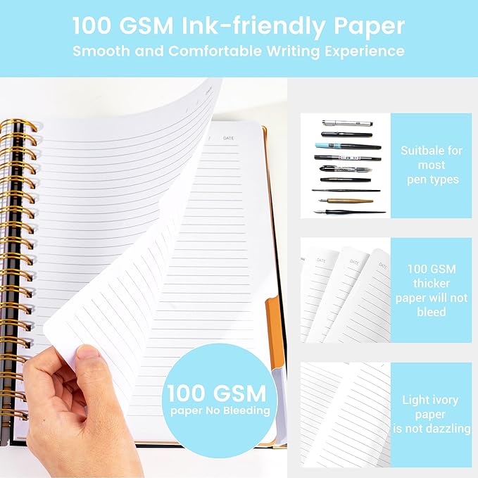 Hardcover Spiral Notebook with Tabs 8"x10" Large Spiral Lined Journals for Women with Dividers 240 Pages College Ruled Composition Notebook 5 Subject Notebook for Work, Back to School, Gifts, Blue