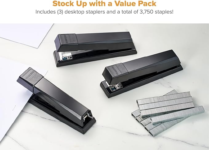Bostitch Office Stapler, No-Jam Premium for Desktop, Includes 1,250 Staples, Full-Strip, 25 Sheet Capacity, Black, 3 Pack