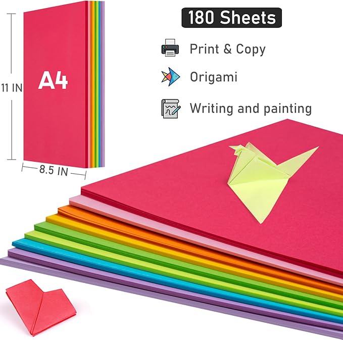 Color Copy&Print Paper 8.5X11 Inches,180 Sheets 9 Colors Rainbow A4 Printer Paper 20 lb/90GSM Colored Origami Paper for Cutting DIY Kids Art Craft