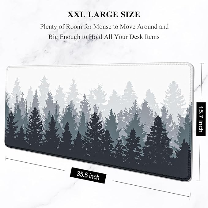 Auhoahsil Large Gaming Mouse Pad, Forest Theme XXL 35.4 x 15.7 in Desk Pad Stitched Non-Slip Rubber Long Computer Mousepad Thin Extended Full Size Desk Mat for Desktop, Laptop, Wireless Mice, White