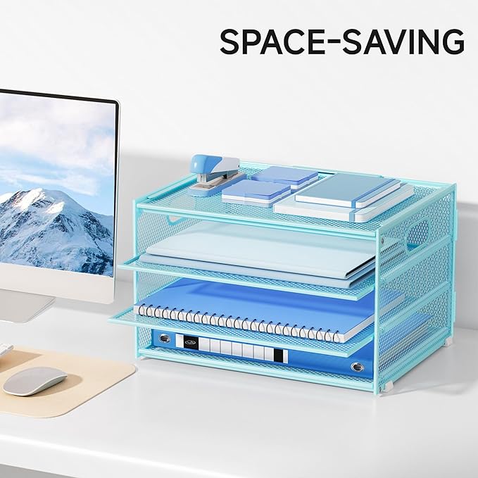 Lavatino 3-Tier Letter Tray Desk Organizer, Mesh Metal Paper File Tray Organizer for Desk, Office Supplies & Home Organization, Fits A4 Paper, Mail, Magazines & Office Accessories (Blue with Handle)