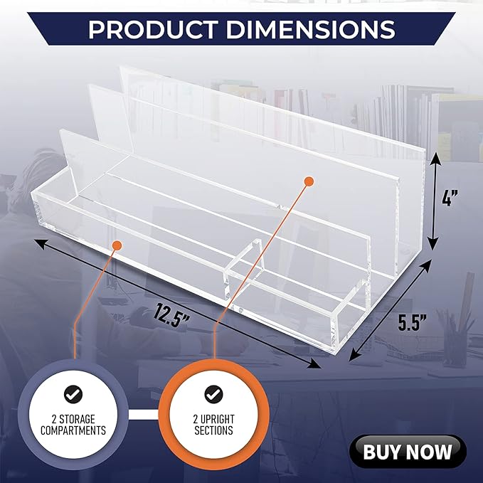 Acrylic Desk Organizer for Office Supplies and Desk Accessories, 12.5” x 5.5” x 4” and 5mm Acrylic Valet to Organize Documents, Files, Mail, Paper Clips, Sticky Notes, Tablet, Other Storage (Clear)