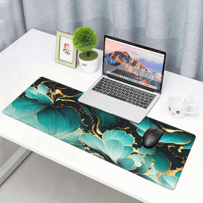 Desk Pad,Office Desk Mat 31.5"×11.8" Large Gaming Mouse Pad,Extended Computer Mouse Pad,Waterproof Thick Big Mouse Pads with Non-Slip Rubber Base Office Home Blue Gold Marble Flower
