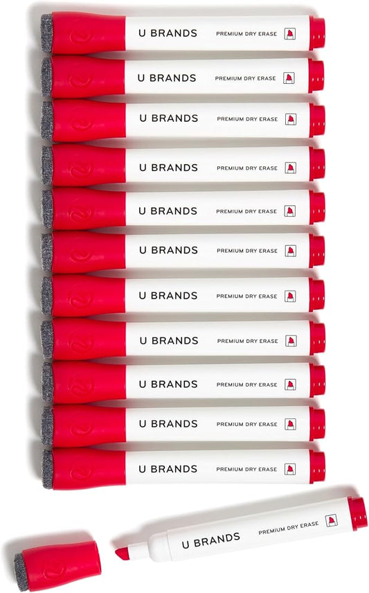 U Brands Fine Tip Dry Erase Markers with Eraser, Whiteboard Markers with Chisel tip, Low Odor, Red, Set of 12