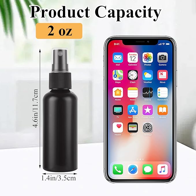 60 Pack Small Spray Bottle 2 oz Black Spray Bottle with Small Fine Mist Spray and Plastic Cap, Refillable for Essential Oils, Bath, Beauty, Hair & Cleaning