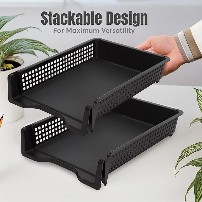Letter Tray Desk Organizer – Stackable Paper Organizer for Home & Office, Durable Plastic Paper Tray for Desk, A4 & Letter-Size Document Holder (Black)