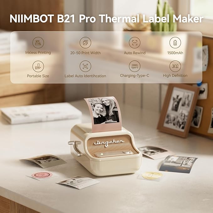NIIMBOT B21 Pro Sticker Printer, 300DPI, Fun APP, Portable Inkless Label Printer, Bluetooth Sticker Maker for DIY Crafts, Notes, Scrapbook, Photo, Custom Labels & Gifts,Home Organization (White)