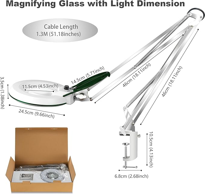 10X Magnifying Glass with Light and Stand,LED Dimmable Lighted Desk Lamp with Clamp,Magnifier Hands Free-Adjustable Stainless Steel Bracket,for Crafts Hobbies Reading Painting Sewing Close Work