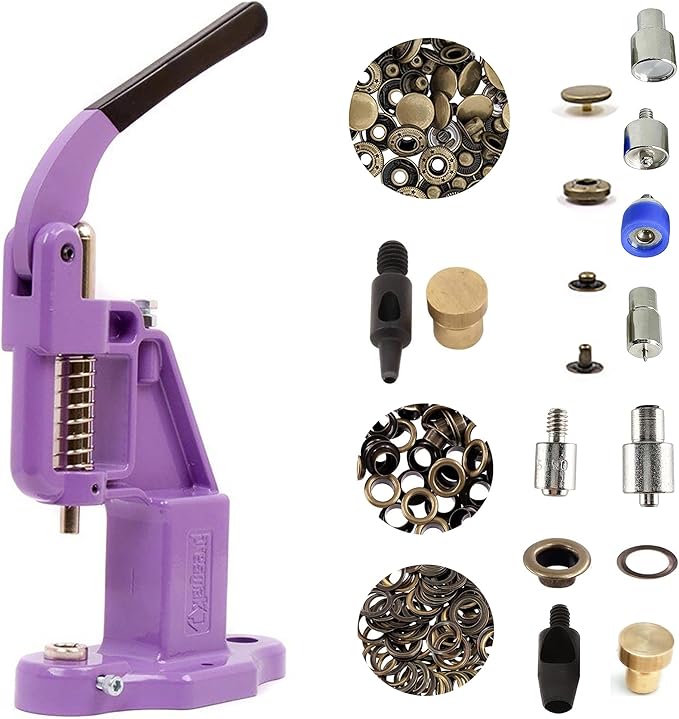 Hobby Trendy Hand Press with Rust Free Steel 50 Sets Ln24 15mm Fashion Spring Glove Snaps and 50 Sets Brass 8 mm (Nr5) Eyelets, Matching Dies and Hole Punches (Bronze Supplies, Lilac Press)
