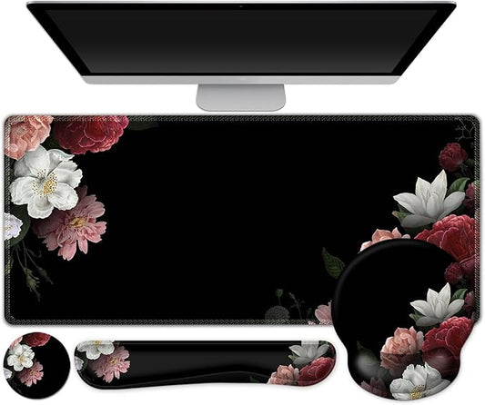 AIMSA Mouse Pad,Large Black Desk Mat, XXL Mousepad+Keyboard Wrist Rest+Ergonomic Mouse Wrist Rest+Coaster Set,4in1 Desk Pad for Home Office Table Computer-Vintage Flower