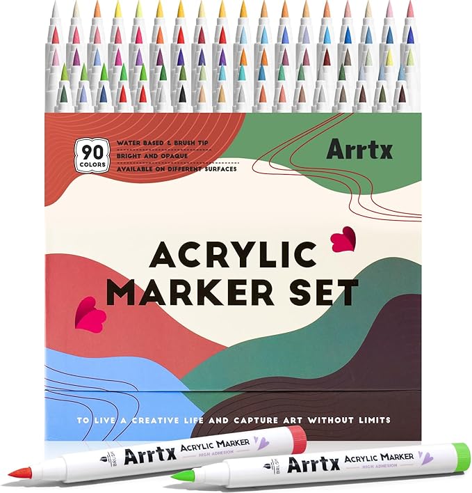 Arrtx Acrylic Markers 90 Colors, Premium Brush Tip Acrylic Paint Pens, Water Based Ink, No Toxic, Water Resistant Paint Markers for Rock Painting Wood Stone Glass Fabric DIY Project
