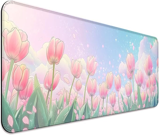 Pink Flower Tulips Gaming Desk Mat, Computer Keyboard Large Extended Long Floral Mouse Pad for Office and Home, XL (W30)