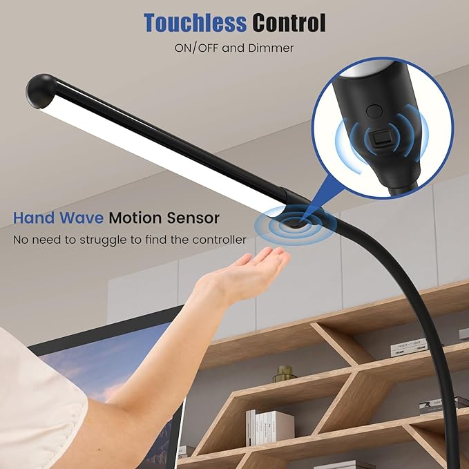 MYPLUS LED Desk Lamp with Hand Wave Sensor, 5 Color Temperatures 2700K-6500K, Touchless Dimming, 360° Adjustable Gooseneck, Clamp Table Lamp, 110V