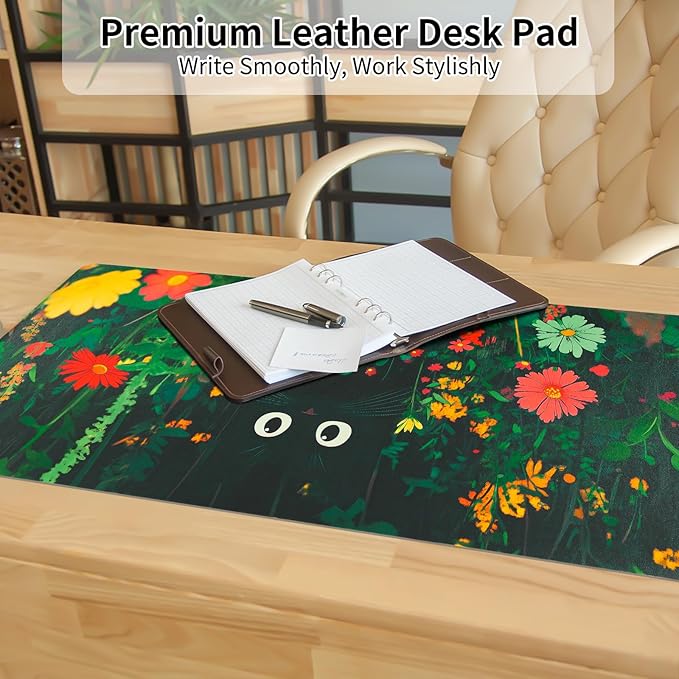 Bloss Green Mouse Pad,Large Floral Plants Desk Pads for Desktop,Cute Black Carton Cat Leather Desk Mat for Keyboard and Mouse,Computer Laptop Desk Protector Mat for Office/Home/Women Gift,31.5"x15.7"