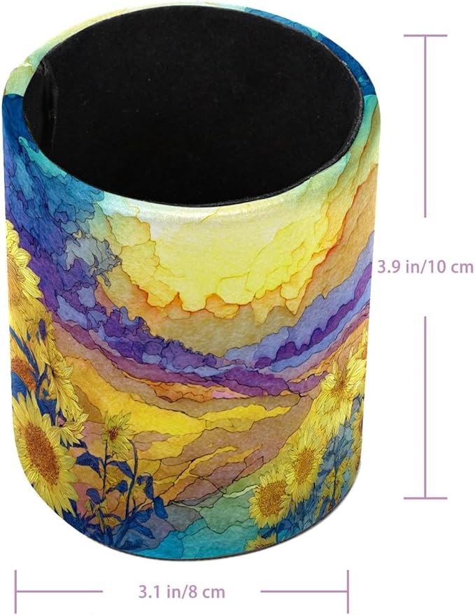 1 Pack Watercolor Art Sunflower Circular Pen & Pencil Holder - Durable PU Leather Pencil Cup, Desk Accessories Organizer for Office Desk School Home