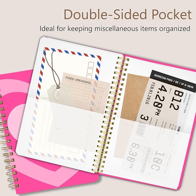 Cute Spiral Notebook journal A5 Aesthetic Pretty Floral Design for Women Girls Kawaii with Pocket, 8.5 x 5.7 inch, Pink Heart