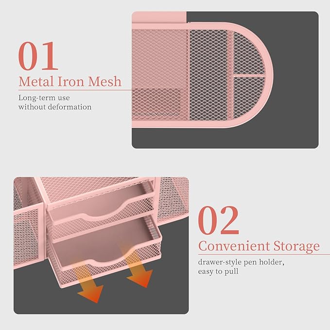 SUPEASY Mesh Desk Organizer, Desk Organizers and Accessories, Pen Holder with Drawers, Pencil Holder for Desk with 2 Drawer for Office Supplies, Pink