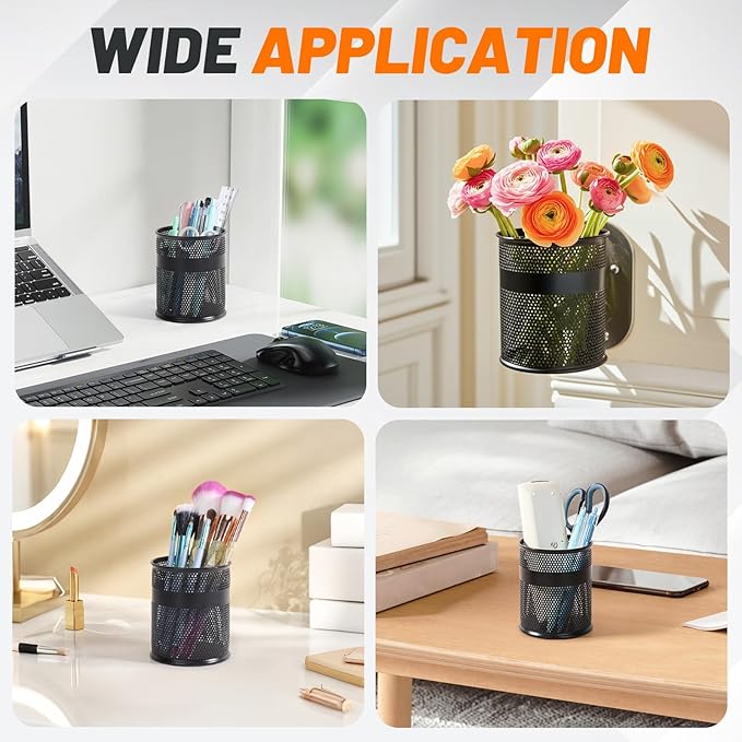 Segarty Pen Cups, 6 Pack Black Steel Mesh Desk Pen Pencil Holder, Round Pen Container Pencil Cups Desk Organizers for Home Office