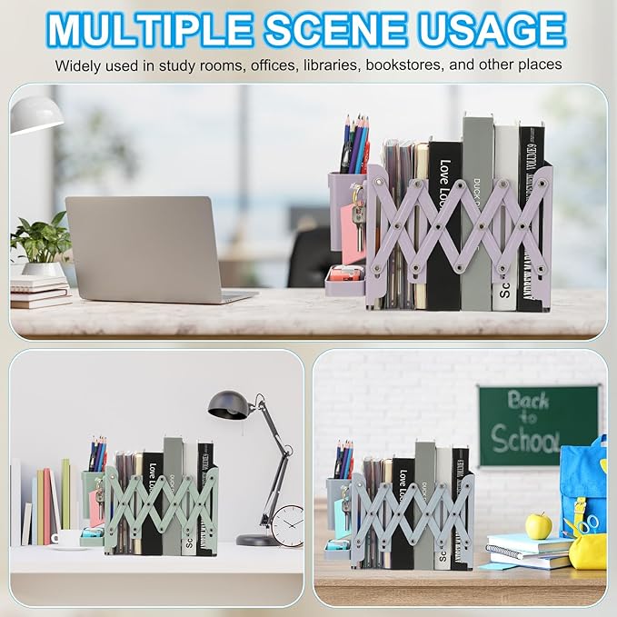 PATIKIL Adjustable Book Ends, 7.5" Tall Heavy Duty Metal Adjustable Bookends Book Holders Organizer with Removable Pen Holder Tray and 3 Hook-up for Heavy Books Desk Office Home, Green
