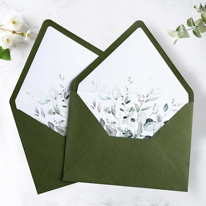 PONATIA 50PCS A7 Euro Flap Envelope, 5.25 x 7.25'' Olive Green Flowers Liner Envelopes for Wedding Invitations, Photos, Postcards, Greeting Cards, Christmas Gift, Acrylic Mailing, 5 x 7 Envelopes