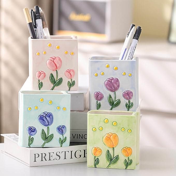 Book Vase Tulip Pencil Cup Pen Holder For Office Desk Decorative Books Purple Flower Vase Cute Toothbrush Holders Home Decor Teacher Book Gifts for Women Small Makeup Brushes Holder